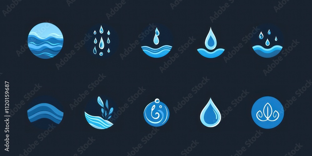 A collection of stylish water icons representing various water-related themes, perfect for infographics. A collection of stylish water icons representing various water-related themes, perfect for infographics.