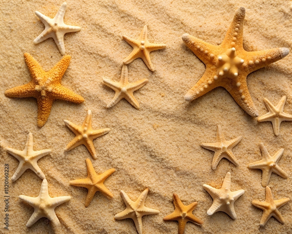 Golden sands cradle an array of vibrant starfish in various shapes and sizes, creating a beautiful seaside display under the warm sunlight, inviting exploration and admiration Golden sands cradle an array of vibrant starfish in various shapes and sizes, creating a beautiful seaside display under the warm sunlight, inviting exploration and admiration