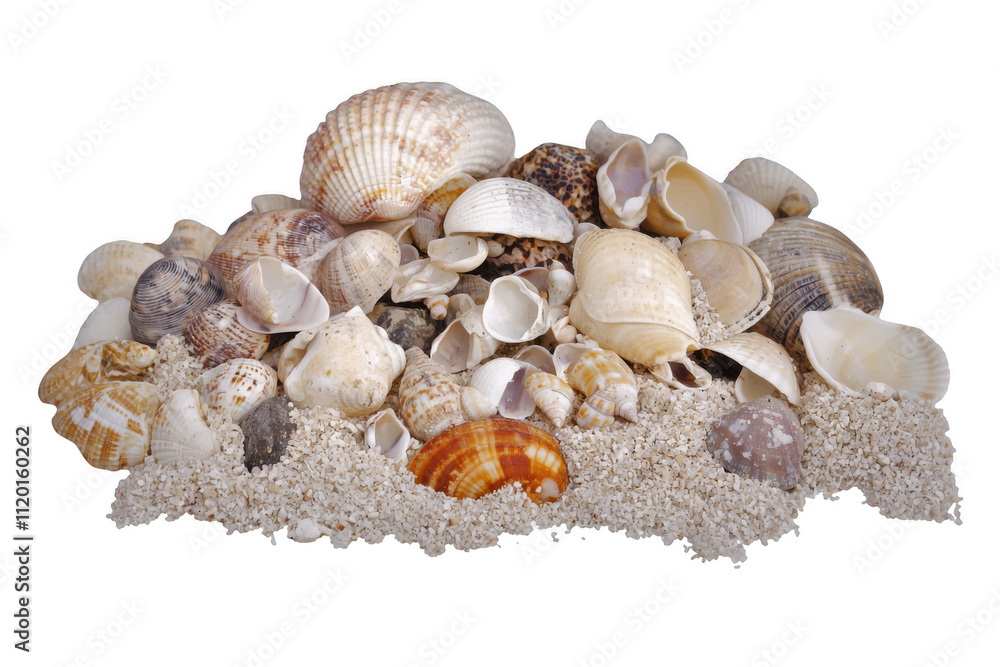 Obraz premium Sand and sea shells beach theme background isolated on a white background