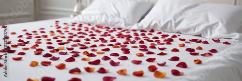 Colorful rose petals scattered on a soft, white bed, pink, relaxing