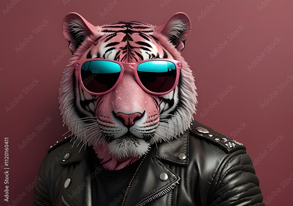 a cool tiger wearing sun glasses with a black leather jacket a cool tiger wearing sun glasses with a black leather jacket