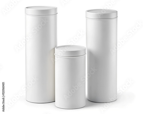 Wallpaper Mural Three seamlessly designed white cylindrical containers of various heights stand elegantly together. Their minimalist aesthetic enhances the decor of a modern interior, showcasing simplicity and style Torontodigital.ca
