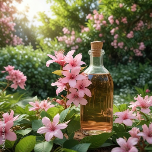 Aesculus carnea Briotii aesculus hippocastanum oil bottle with fresh pink flowers and greenery in a garden scene, flower, oil bottle, garden photo