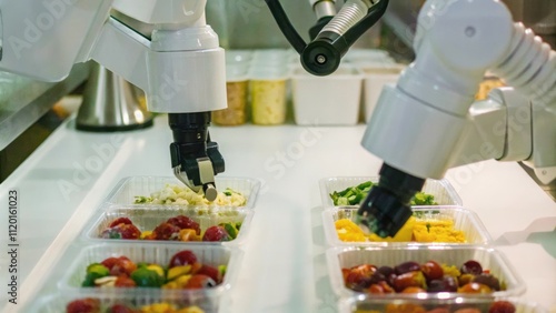 An automated robotic system precisely assembling ingredients into prepackaged meal kits with vibrant and colorful items being carefully p in containers. photo