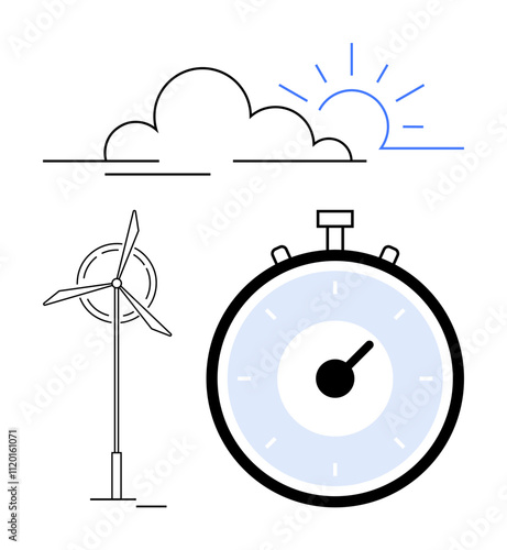 Wind turbine stopwatch sun cloud. Ideal for themes of renewable energy, time management, sustainability, environment, clean energy, efficiency, technology. Line metaphor