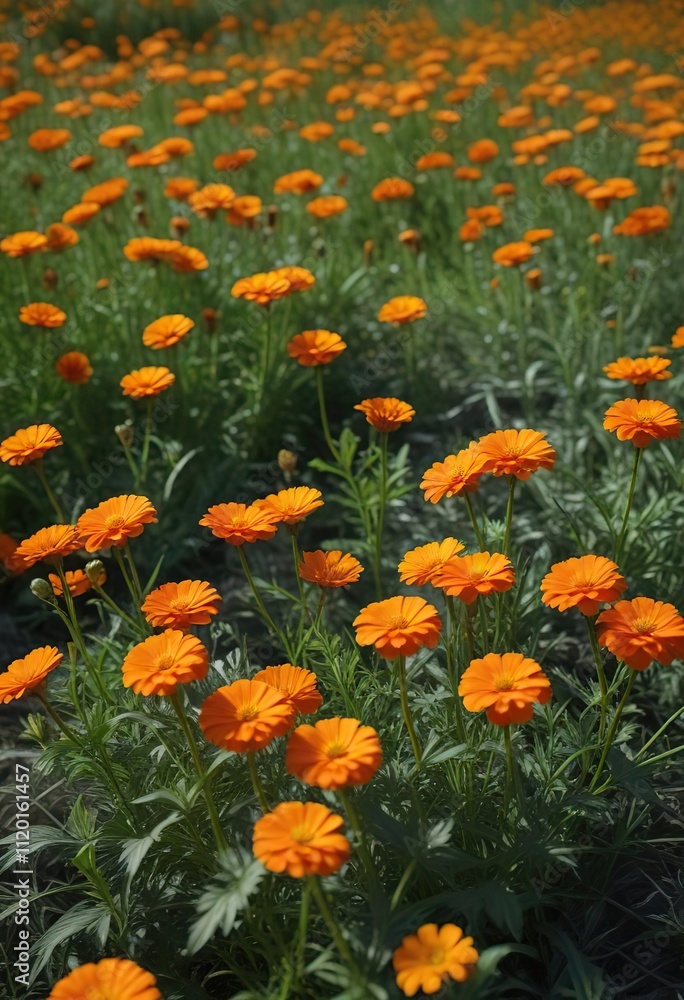 A field of vibrant orange marigolds growing among the tall stalks of weeds, marigold, weed A field of vibrant orange marigolds growing among the tall stalks of weeds, marigold, weed