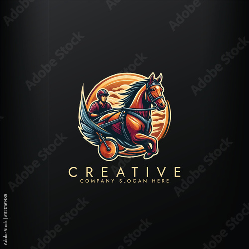 Harness racing horse and chariot, vintage horse racing logo vector design