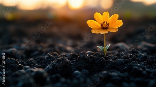 Single Yellow Flower Sprouting from Dark Soil Under Soft Sunset Light