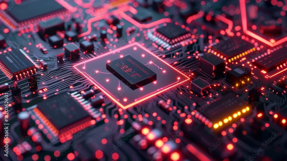 Exploring the intricate details of a vibrant electronic circuit board illuminated by red lights, showcasing the complexity of modern computing technology Exploring the intricate details of a vibrant electronic circuit board illuminated by red lights, showcasing the complexity of modern computing technology