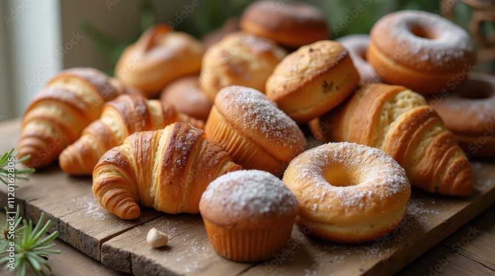 Rustic Wooden Table with Freshly Baked Pastries Rustic Wooden Table with Freshly Baked Pastries