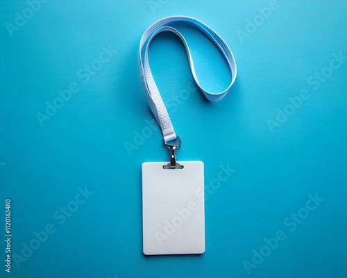 A blank white ID card is suspended from a simple white lanyard against a bright blue backdrop, inviting creativity for future personalization or use in events photo