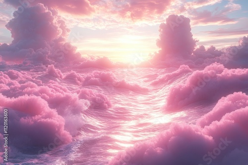 A serene sunset over a sea of pink clouds, creating a dreamy and tranquil atmosphere.