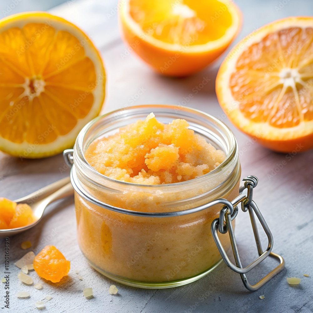 Delicate hands mix together natural ingredients to create a refreshing citrus sugar scrub, surrounded by vibrant orange halves that bring a touch of zest Delicate hands mix together natural ingredients to create a refreshing citrus sugar scrub, surrounded by vibrant orange halves that bring a touch of zest