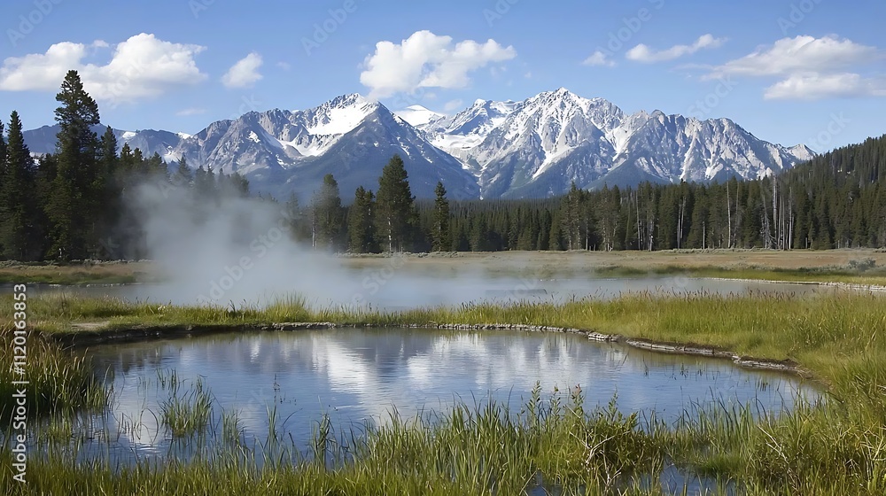 Misty mountain lake reflecting snowy peaks. Misty mountain lake reflecting snowy peaks.