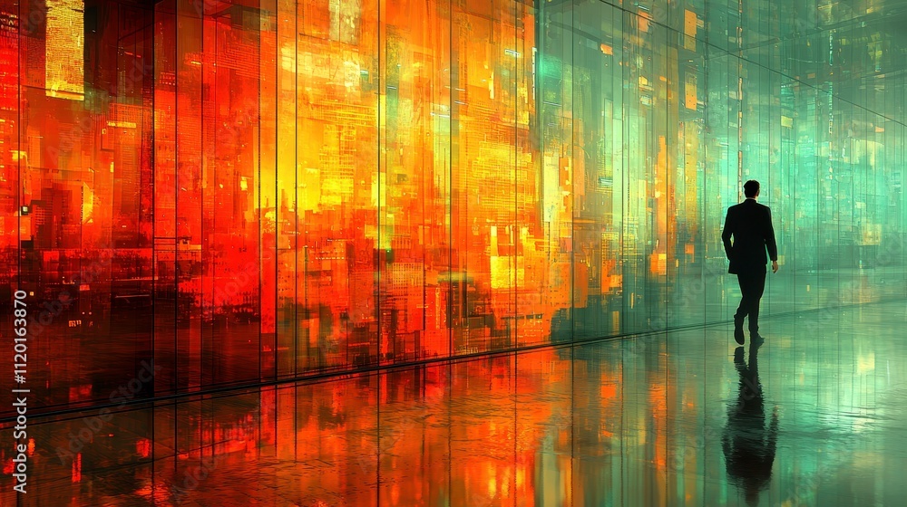 Silhouette of a Businessman Walking Through a Futuristic Urban Environment with Abstract Colorful Background and Reflections on Polished Floor Silhouette of a Businessman Walking Through a Futuristic Urban Environment with Abstract Colorful Background and Reflections on Polished Floor
