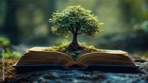 Tree Growing from Open Book Surrounded by Nature's Light