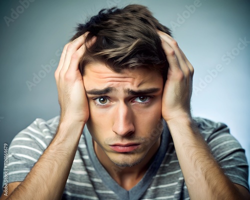 A young man sits in a neutral-toned environment, hands gripping his head in frustration. His facial expression conveys deep emotional distress, revealing vulnerability and inner conflict