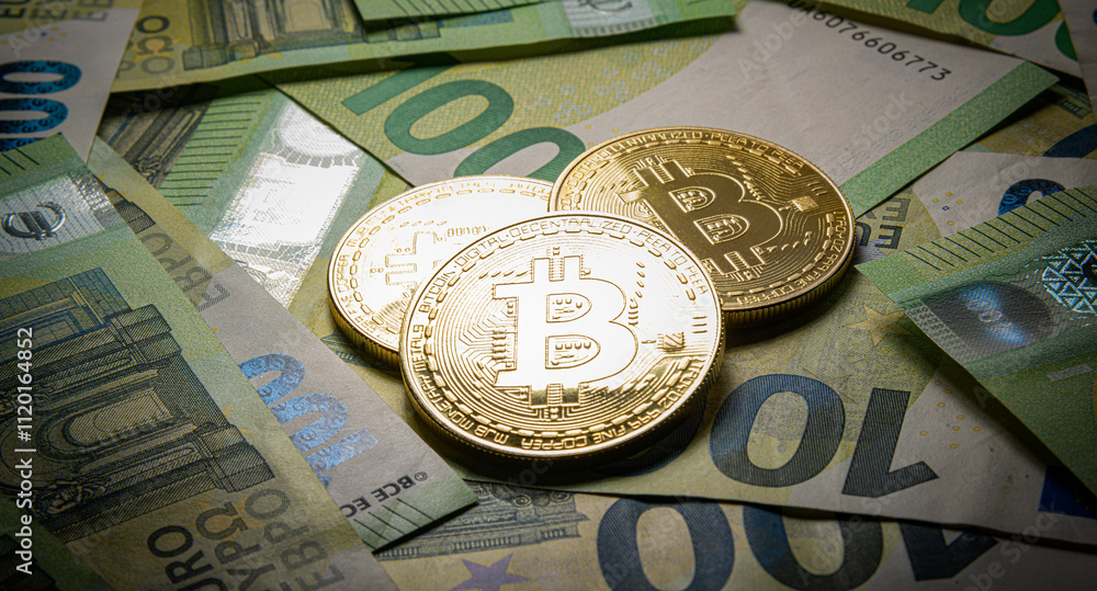 Bitcoin against the background of euro bills. Cryptocurrency - concept.