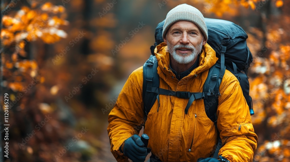 An experienced hiker with a beard enjoys a peaceful autumn trek through colorful forest trails An experienced hiker with a beard enjoys a peaceful autumn trek through colorful forest trails