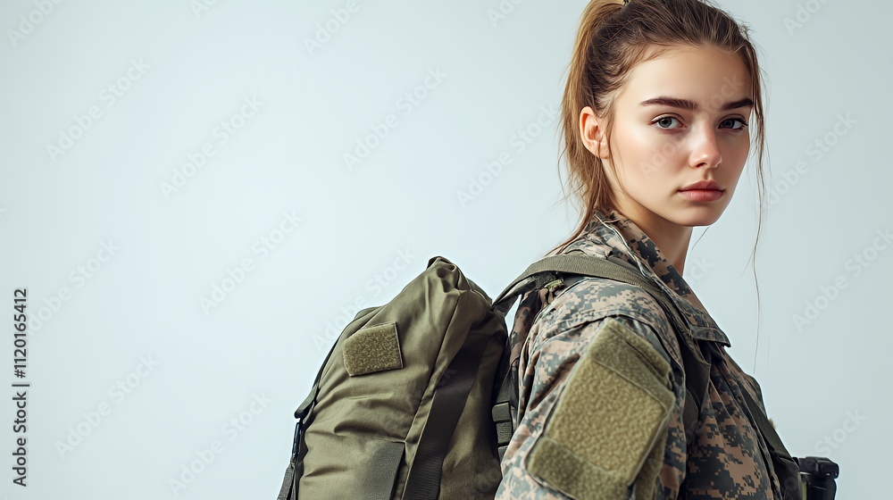 Young Woman in Military Uniform Carrying a Backpack Stands With a Confident Expression in a Neutral Setting Young Woman in Military Uniform Carrying a Backpack Stands With a Confident Expression in a Neutral Setting