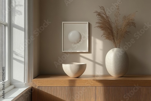 A serene interior scene featuring minimalist decor, including vases and wall art.