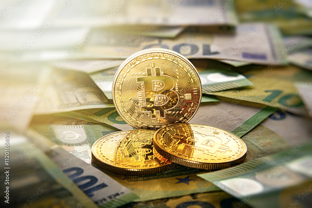 Bitcoin against the background of euro bills. Cryptocurrency - concept.