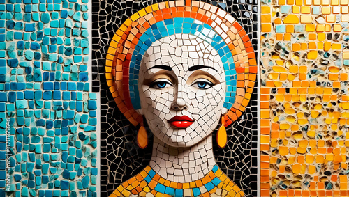 Portrait of a girl in mosaic style, old broken tiles, retro, background image photo