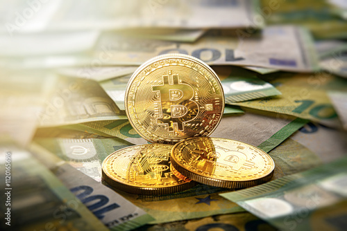 Obraz na płótnie Bitcoin against the background of euro bills. Cryptocurrency - concept. w salonie
