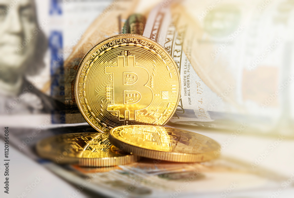 Bitcoin against dollar bills. Cryptocurrency - concept.