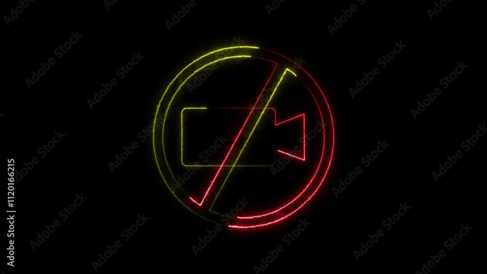 Neon Glowing No video recording sign icon animation. No video allowed sign with a camera icon crossed out in animated. Neon Glowing No video recording sign icon animation. No video allowed sign with a camera icon crossed out in animated.