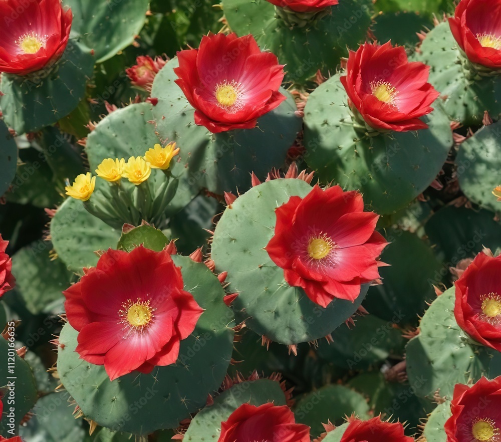 Detail of Opuntia ficus indica flowers with red petals and yellow center on a green leaf, prickly pear flower, pink center Detail of Opuntia ficus indica flowers with red petals and yellow center on a green leaf, prickly pear flower, pink center