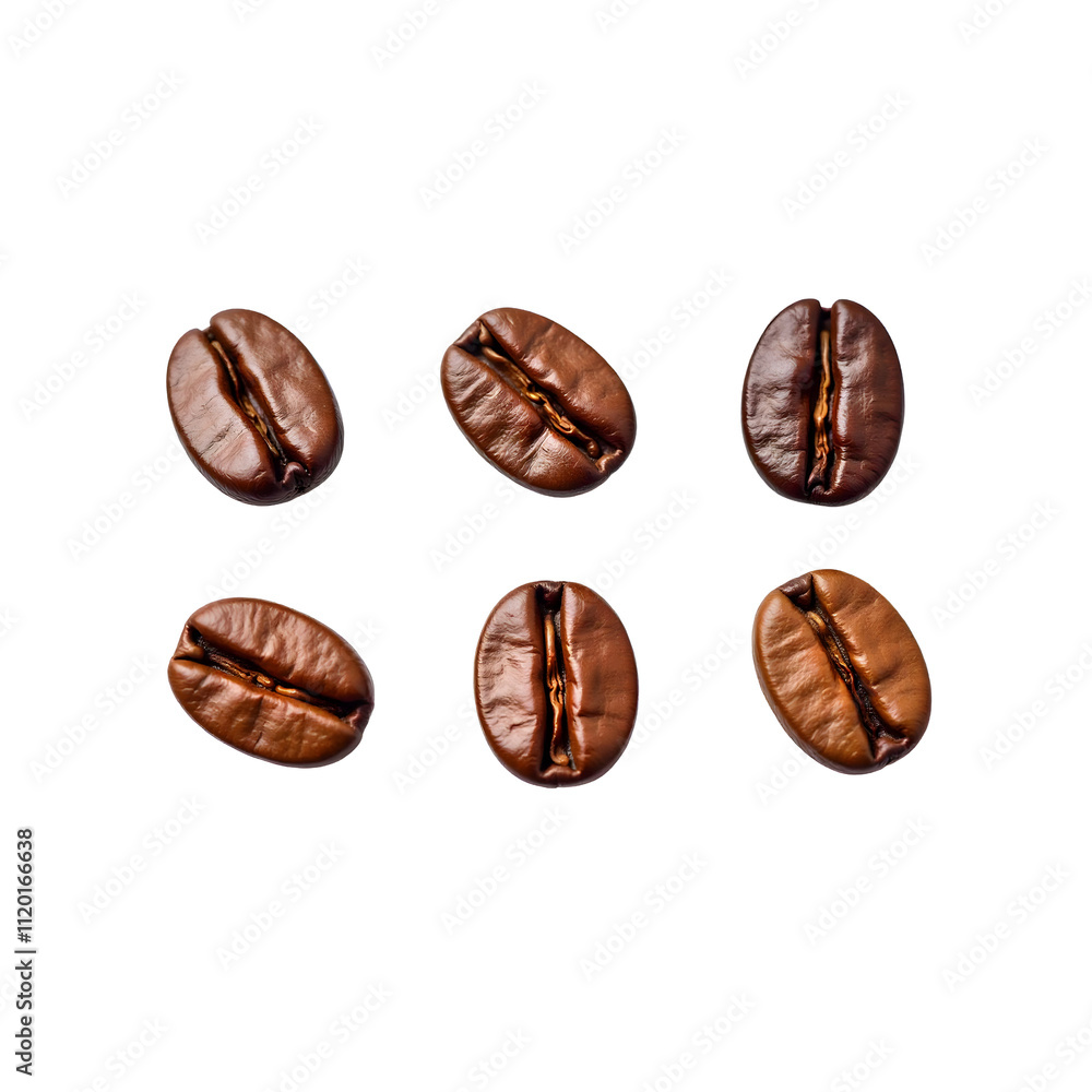 Six different roasted coffee beans on transparent background, PNG Six different roasted coffee beans on transparent background, PNG