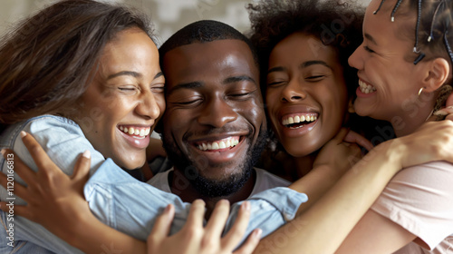 Cheerful group hugging an African American man during an anonymous alcoholics meeting in a rehab center, banner. photo