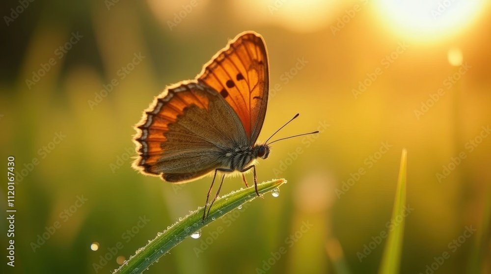 Fototapeta premium Butterfly Landing on Dew-Covered Grass