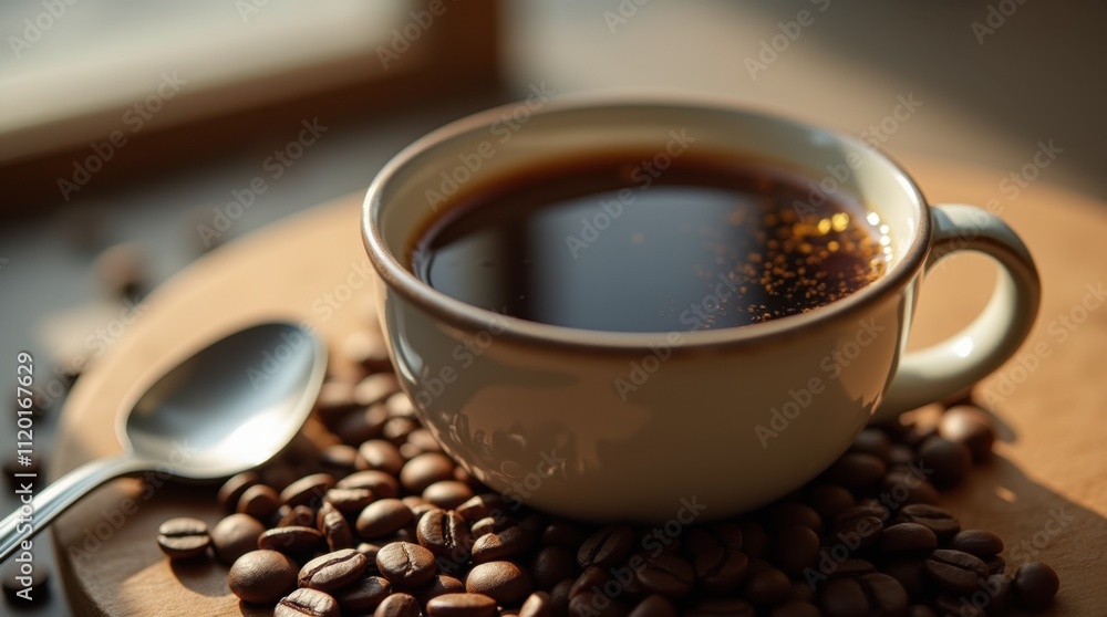 Fototapeta premium Close-up of Freshly Brewed Coffee in Ceramic Mug with Beans and Spoon