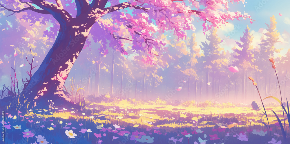 Fototapeta premium kawaii anime cartoon spring season blooming flower Meadow and mountain forest happy day background