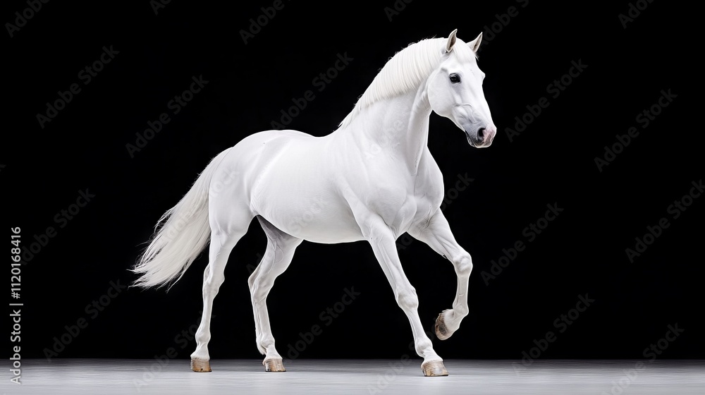 Fototapeta premium A white horse is galloping in the dark with a black background