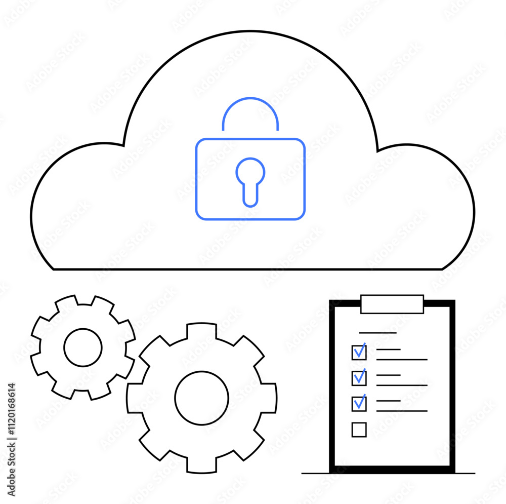 Cloud with a lock, two gears, and a checklist with checkmarks. Ideal for cloud security, data protection, cybersecurity, compliance, IT maintenance system optimization and technology audits. Line Cloud with a lock, two gears, and a checklist with checkmarks. Ideal for cloud security, data protection, cybersecurity, compliance, IT maintenance system optimization and technology audits. Line
