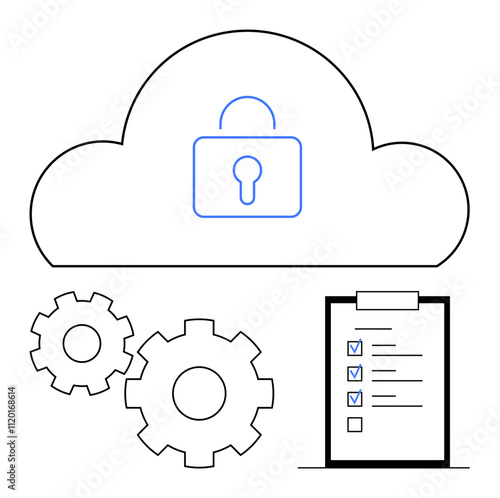 Cloud with a lock, two gears, and a checklist with checkmarks. Ideal for cloud security, data protection, cybersecurity, compliance, IT maintenance system optimization and technology audits. Line