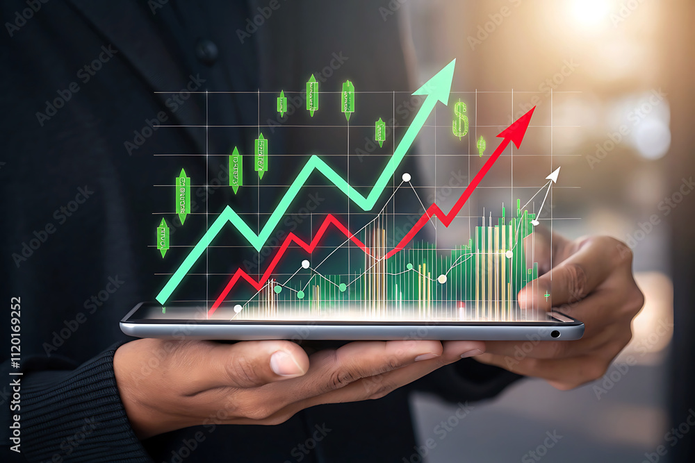 The hands hold a holographic chart of the stock market, symbolizing a strategic financial decision. The hands hold a holographic chart of the stock market, symbolizing a strategic financial decision.