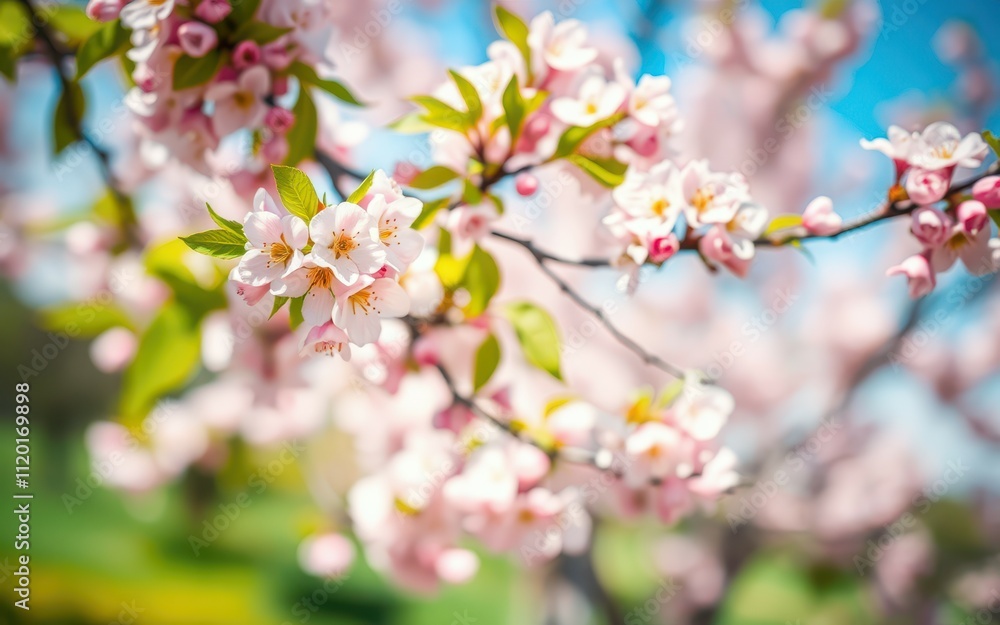 Cherry blossoms bloom in spring under bright blue sky creating a beautiful scene in the park Cherry blossoms bloom in spring under bright blue sky creating a beautiful scene in the park