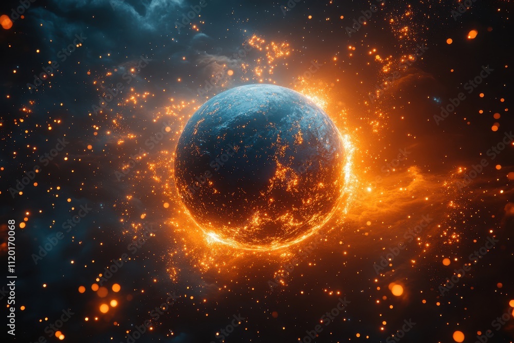 A fiery planet surrounded by cosmic elements, depicting a dramatic celestial scene. A fiery planet surrounded by cosmic elements, depicting a dramatic celestial scene.