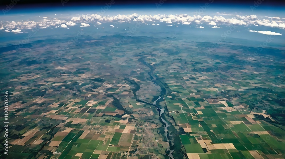Stunning Aerial View from Airplane Window: Fields, Rivers, and Clear Sky Stunning Aerial View from Airplane Window: Fields, Rivers, and Clear Sky