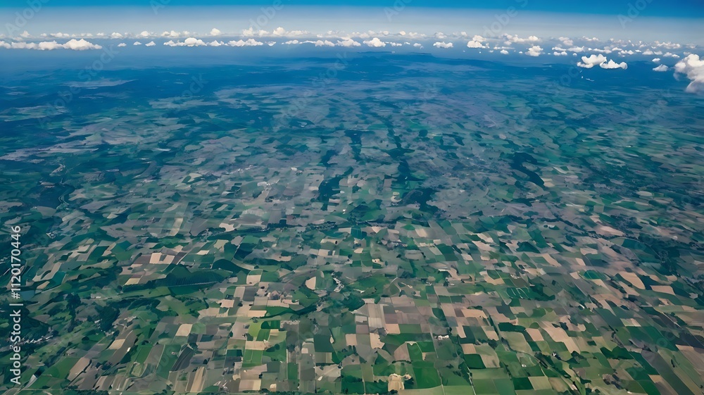 Stunning Aerial View from Airplane Window: Fields, Rivers, and Clear Sky Stunning Aerial View from Airplane Window: Fields, Rivers, and Clear Sky