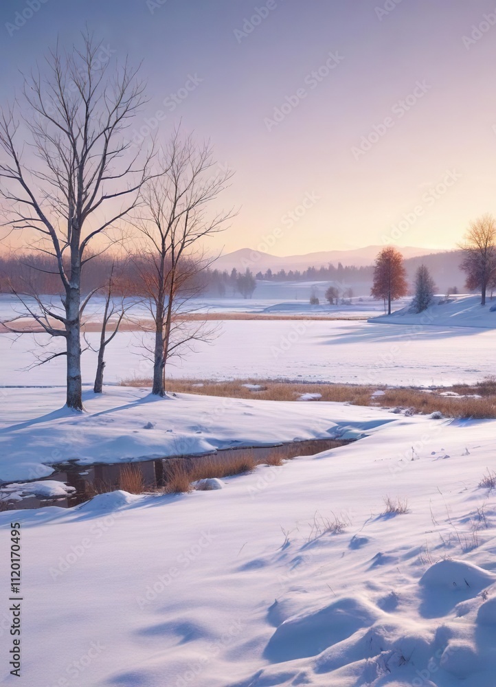 A serene snow-covered field with a few bare trees and a distant lake, rural winter view, winter A serene snow-covered field with a few bare trees and a distant lake, rural winter view, winter