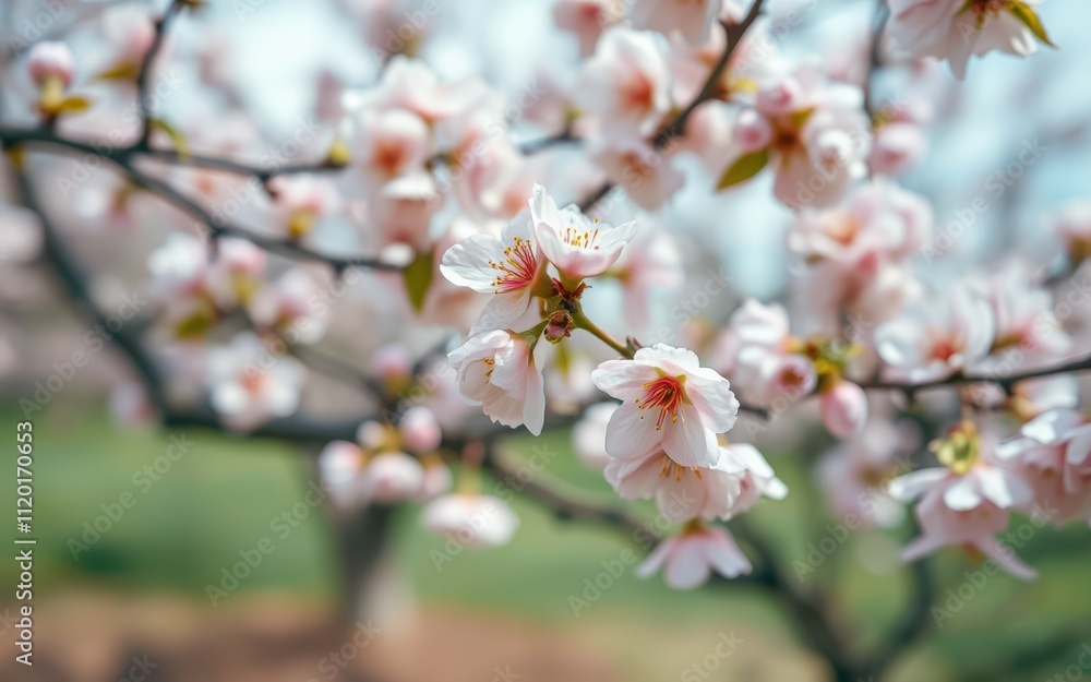 Cherry blossom branches with delicate pink flowers in full bloom during springtime in a garden setting Cherry blossom branches with delicate pink flowers in full bloom during springtime in a garden setting