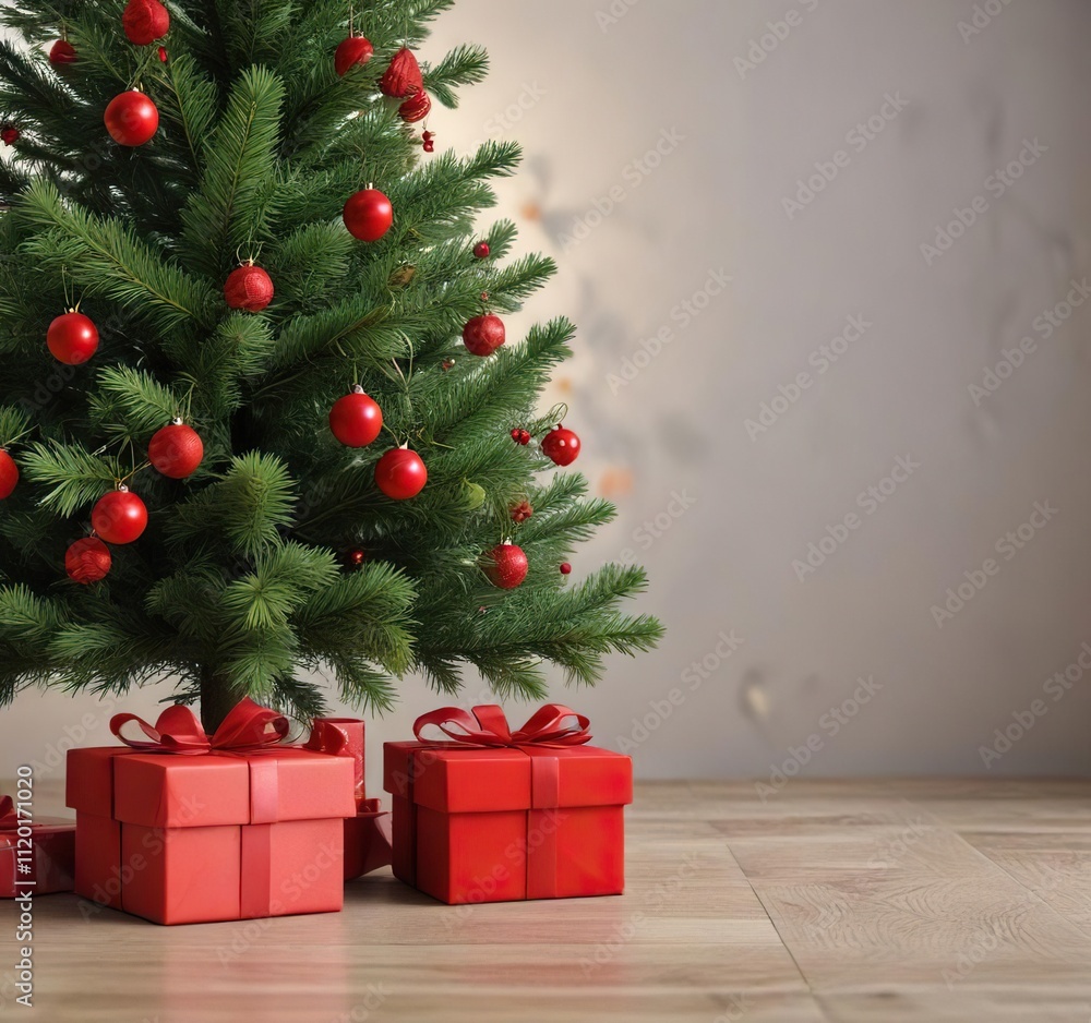 A simple Christmas tree with a small red gift box, snowy grounds, presents A simple Christmas tree with a small red gift box, snowy grounds, presents
