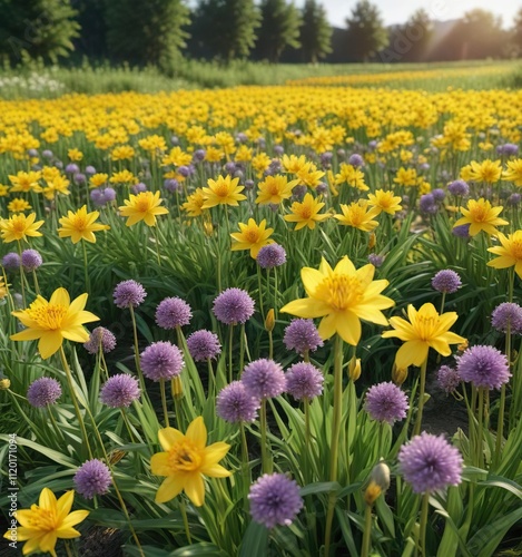 Field of Allium moly blooming in the sun with yellow golden lilies , outdoor, nature photo