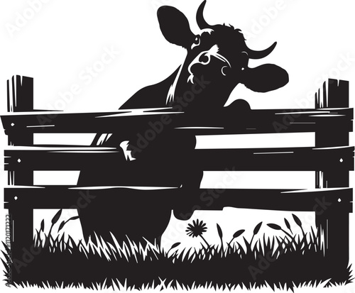 A cow peeking under a broken fence rail vector black silhouette