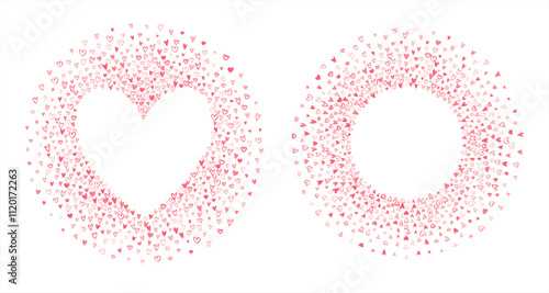 Tiny small hand drawn scattering hearts Valentine's Day radial frames set. Circle round heart shape vector text backgrounds. Tricolor cute doodle marker drawn different heart silhouettes.